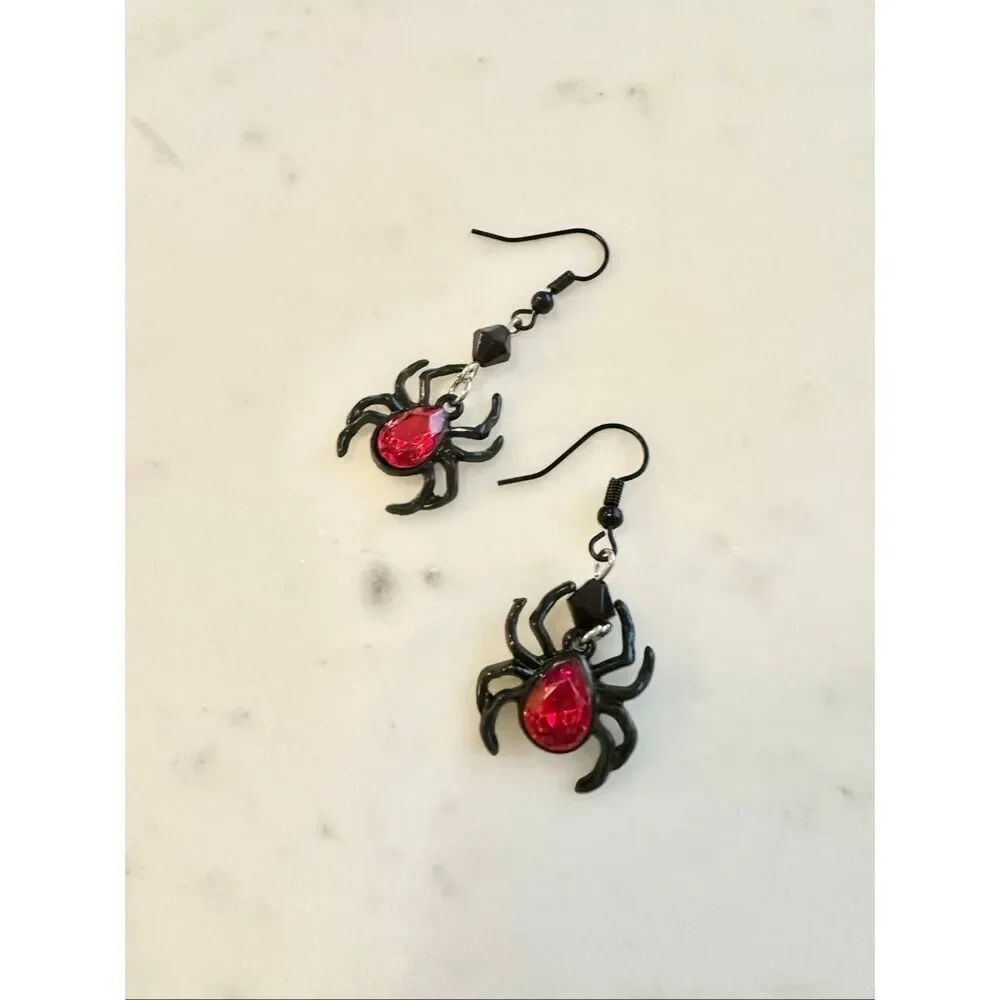 Ruby red Halloween black spider dangle earrings